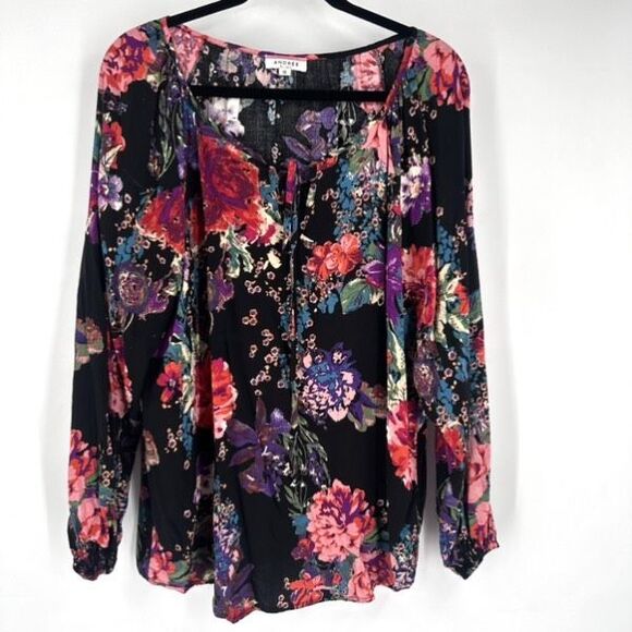 Andree by Unit Dark Romantic Floral Peasant Blouse Size1X Plus Long Sleeve Flowy - Picture 3 of 11